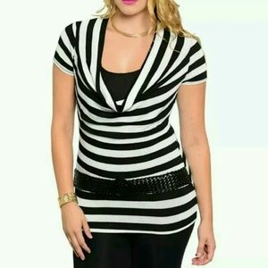 Black and white striped draped neck mock belt top last one!